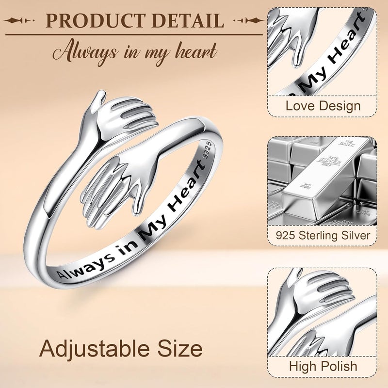 Yadoca 925 Sterling Silver Hug Ring for Women Men Adjustable Hugging Hands Open Love Promise Friendship Wedding Ring - Image 2
